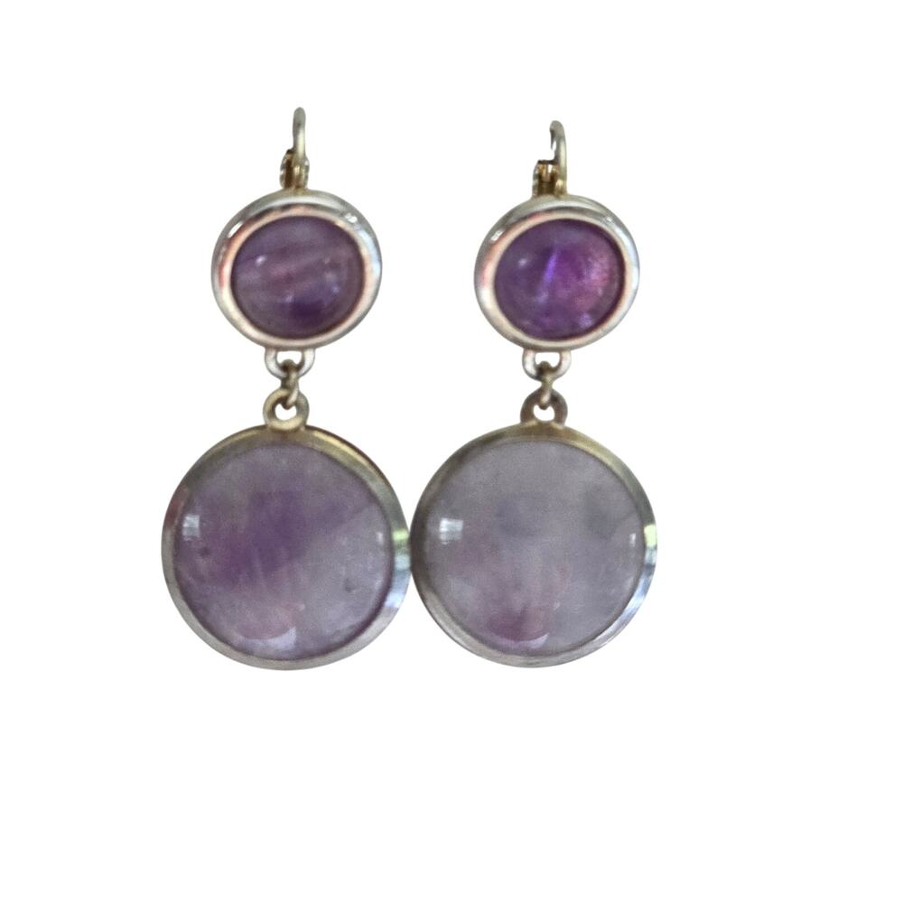 Vintage Silver Amethyst Double Drop Leverback Pierced Earrings